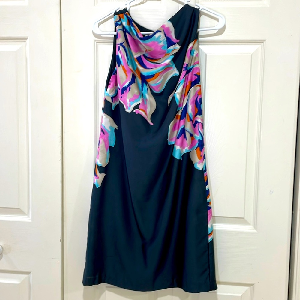 A-Line silk deep blue with floral relaxed neckline